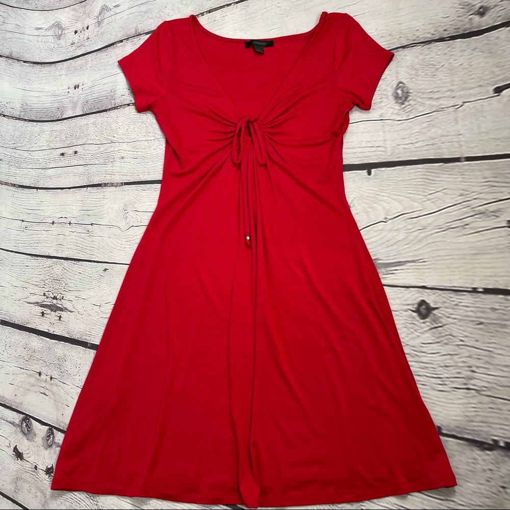 EXPRESS red short sleeve midi dress lacing on neckline, size S